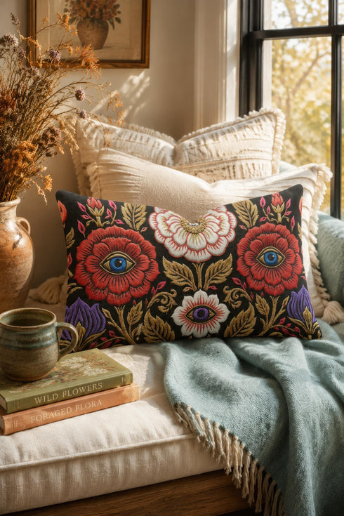 Evil eye lumbar pillow cover in black featuring a symmetrical folk art floral print. Two crimson red roses hold bright blue eyes at their centers, a white blossom below cradles a violet purple eye, and antique gold leaves, scrollwork, and pink buds frame the design. Purple tulips anchor the lower corners. Rectangular 20 x 12 inch cushion case with a hidden zipper and the double sided embroidered look design printed on smooth, soft, linen feel polyester fabric.
