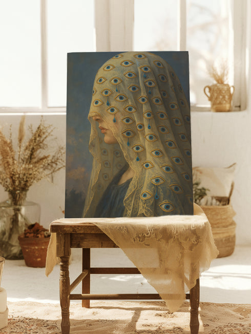 A rectangular matte canvas art print featuring a surrealist portrait of a woman in profile against a dark, cloudy sky. Her face is obscured by a delicate, translucent veil adorned with a repeating pattern of blue and gold all-seeing eyes. Several eyes are shedding deep blue tears that drip down the fabric. The artwork employs a classical, painterly style with a moody palette of blues, golds, and deep shadows, evoking a gothic and enigmatic atmosphere.