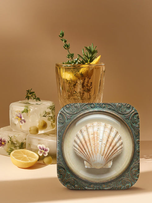 A high-fidelity 2D Trompe-l’œil print on a set of four 4x4 inch square coasters. Each coaster features a centralized sea specimen—a scallop, an oyster with a pearl, a pink conch, and an abalone—centered within an ornate, circular Victorian scrollwork frame. The design uses a faux-texture effect to mimic raised bronze and verdigris metal. The colors include aged gold, teal, and cream, creating a vintage museum specimen aesthetic