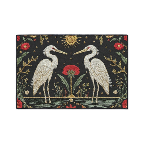 A Grimoire and Goblet rectangular doormat featuring a vintage tapestry design of two white herons facing a central red flower. Above the birds is a golden sun with a face in a celestial style. The background is a dark charcoal with a faux needlepoint texture. The scene is framed by a border of red carnations and green vines in an Arts and Crafts style. The design mimics antique embroidery but is a smooth printed surface with a black trim.