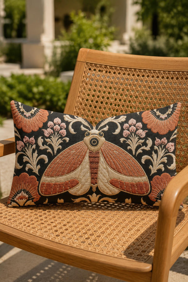 Moth lumbar pillow cover in black featuring a large central moth with terracotta rust and cream wings detailed in gold stitch style veining. Rust orange fan shaped blossoms anchor the corners, surrounded by pale pink flower buds and ivory scrollwork foliage in a mirrored folk art composition. Rectangular 20 x 12 inch cushion case with hidden zipper, the same embroidered look design printed on both sides in smooth, soft, linen feel polyester fabric.