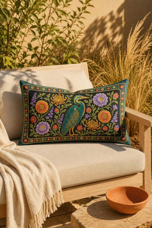 Heron lumbar pillow cover featuring a teal wading bird with gold detailing standing among orange marigolds, golden chrysanthemums, purple peonies, lavender sprigs, and coral red blooms with green foliage on a deep green black panel. A teal border with gold rope trim and a folk style band of red rosettes frames the design. Rectangular 20 x 12 inch cushion case with hidden zipper, the same tapestry look design printed on both sides in smooth, linen feel polyester fabric.