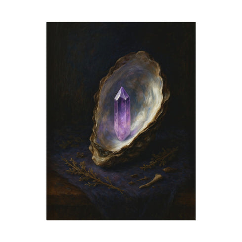 Fine art print featuring a glowing amethyst crystal emerging from an oyster shell, set against a dark, moody background. This archival giclée reproduction highlights painterly textures and luminous gemstone tones in a vintage baroque-inspired style. Ideal for gothic, magical, or dark academia interiors. Available in multiple sizes.
