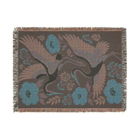 Chinoiserie Crane Woven Blanket, Bird Lover Housewarming Gift, Dark Academia Botanical Wall Tapestry