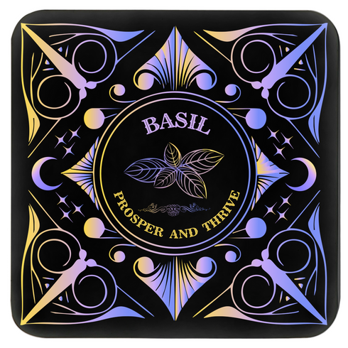 A 4-piece wealth-themed coaster set featuring intricate, gold and black designs with iridescent accents. Each coaster is dedicated to a different herb or spice, including basil, bay leaf, cinnamon, and mint, each symbolizing prosperity, abundance, riches, and wealth. The designs feature celestial motifs and geometric patterns, adding a mystical and luxurious touch to the coasters.