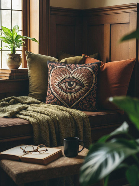 Square jacquard woven throw pillow measuring 17 by 18 inches. The design features a large central heart in rust and terracotta framing a detailed, unblinking eye with a black pupil, surrounded by cream colored jagged radiating rays. The solid black background is accented in the corners by ornate, curling cream botanical scrolls. Interlocking threads create a highly textured tapestry cloth, woven identically on the front and back faces, finished with a cleanly sewn closed edge.