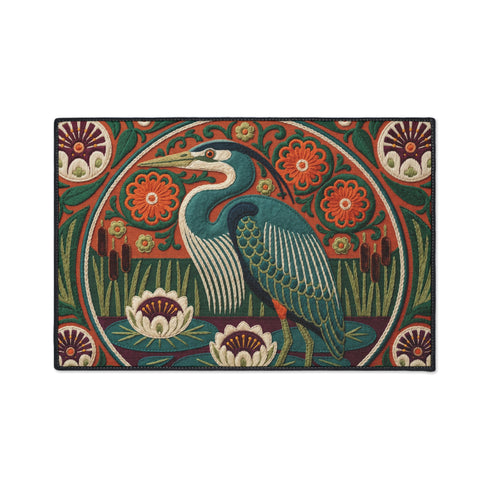 Rectangular low profile doormat printed with a faux embroidery effect that mimics raised crewel stitching. A tall teal blue heron stands at the center among olive green reeds, cattails, and cream water lilies. The rust orange ground is filled with curving botanical vines and small floral medallions, framed by a thin circular border with decorative sunburst corners. A sleek solid black rubber trim finishes all four edges of the one sided print.
