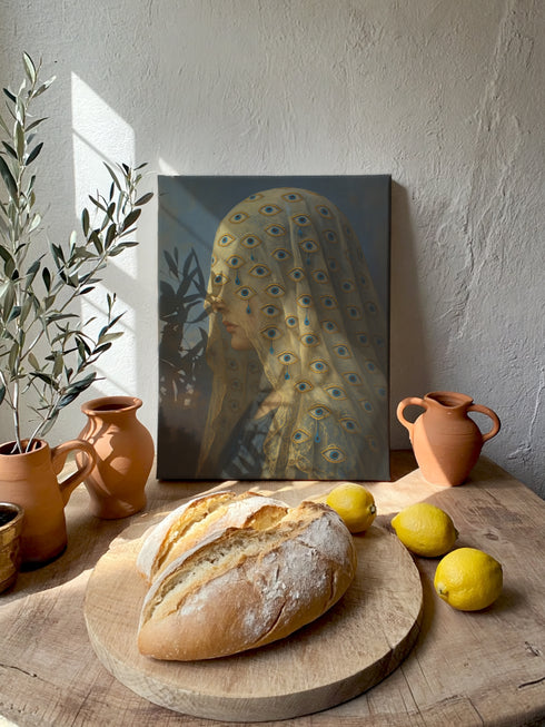 A rectangular matte canvas art print featuring a surrealist portrait of a woman in profile against a dark, cloudy sky. Her face is obscured by a delicate, translucent veil adorned with a repeating pattern of blue and gold all-seeing eyes. Several eyes are shedding deep blue tears that drip down the fabric. The artwork employs a classical, painterly style with a moody palette of blues, golds, and deep shadows, evoking a gothic and enigmatic atmosphere.