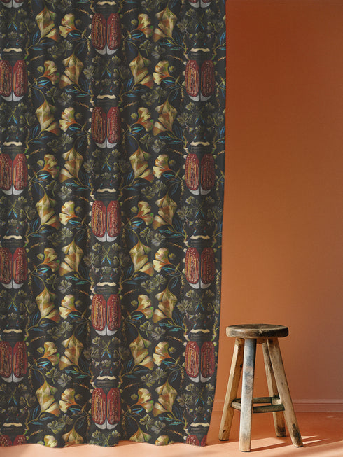 A single panel blackout curtain with a luxurious, moody design. The pattern features large, reddish-orange beetles and metallic gold ginkgo leaves against a dark charcoal background. This Gothic and Victorian-inspired window treatment is perfect for Dark Academia or Maximalist decor, offering room-darkening properties while serving as a bold piece of entomology and botanical art for a library, bedroom, or living room.