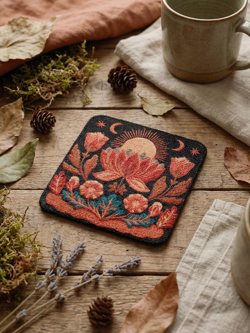 A Grimoire and Goblet drink coaster featuring a rustic faux burlap texture print. The coaster displays a gothic botanical design in dark charcoal ink on a tan jute-like polyester background. The smooth fabric surface mimics a woven look. Ideal for Dark Academia decor and protecting tables from spills. The design includes a central motif with vintage styling.