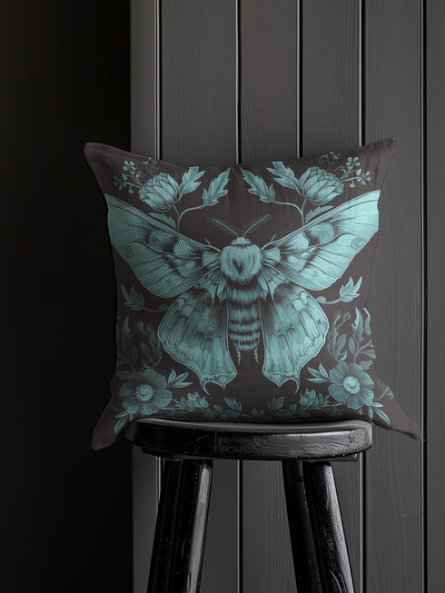A decorative pillow cover featuring a large Luna moth illustration in seafoam green on a smoke gray background, surrounded by botanical flourishes and flowers in a symmetrical design.