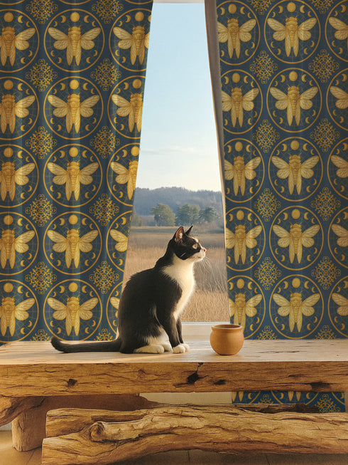 A single panel of a heavyweight blackout curtain with a rich, satiny texture. The design features a repeating pattern of large, golden cicadas, each framed within a celestial moon phase circle on a dark charcoal background. This moody entomology and lunar art is ideal for Dark Academia, Gothic, and Witchy interior aesthetics, providing both a dramatic statement piece and functional light-blocking for a bedroom, library, or living room.