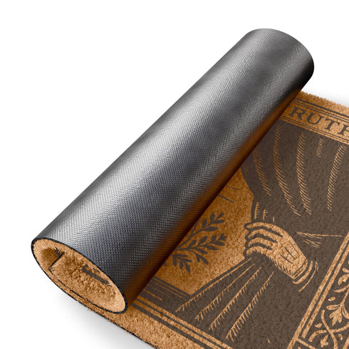 A rectangular doormat made from natural, textured brown coir fiber, featuring a striking black gothic design for spiritual threshold protection. The centerpiece of this witchy welcome mat is a sacred flaming chalice, set between two parted curtains for a dramatic entryway statement. Above the occult imagery, the phrase 'Cross Only In Truth' is printed in a mystical font reminiscent of ancient spellbooks, making this metaphysical and dark academia decor a powerful symbol for a protected home. This is a doorm