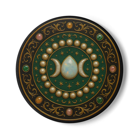 Round ceramic drink coaster featuring a Triple Moon symbol with a central moonstone illustration surrounded by gold stars and pearl-like accents. The rich green and gold baroque background evokes celestial and gothic themes. The coaster has a non-slip cork base and is approximately 4 inches in diameter. Perfect for hot or cold drinks, this witchy piece suits whimsigoth, celestial, and spiritual home decor aesthetics.