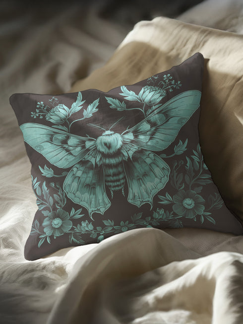 A decorative pillow cover featuring a large Luna moth illustration in seafoam green on a smoke gray background, surrounded by botanical flourishes and flowers in a symmetrical design.