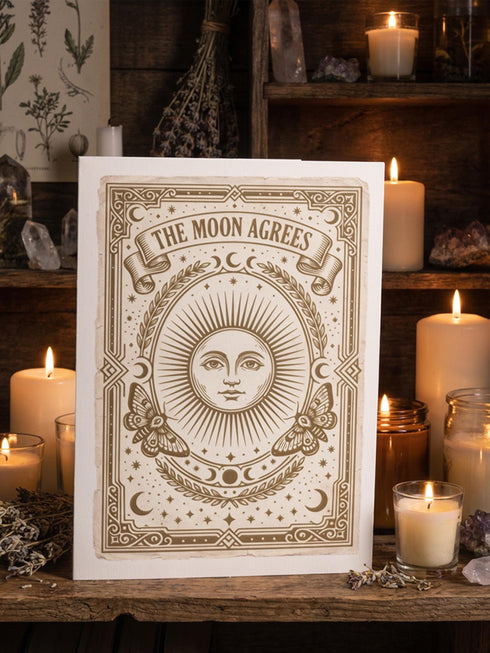 Grimoire and Goblet greeting card featuring a vintage woodcut style illustration of a radial sun with a serene human face. The sun is flanked by two Luna moths and sits above a Triple Moon symbol. A banner above reads THE MOON AGREES in gothic font. Printed in burnished gold tones on cream paper. Interior text reads Yours in this lifetime and the next. Dark Academia and Whimsigoth aesthetic stationery 5x7 card with matching envelope for gothic romance or altar decor.