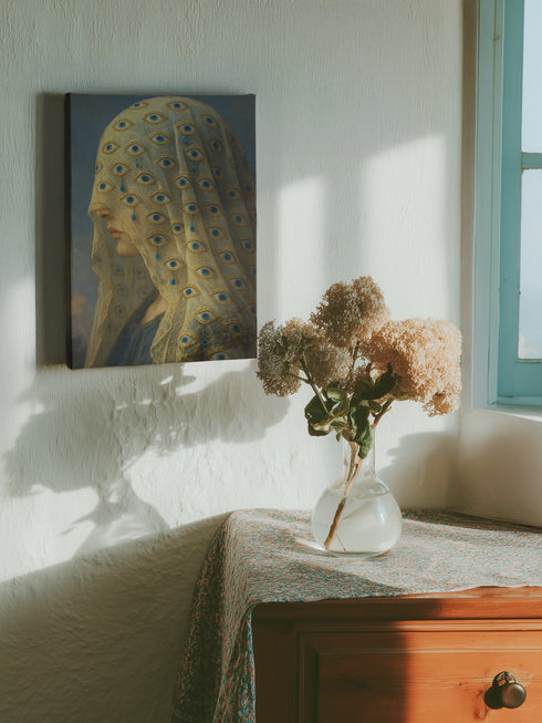 A rectangular matte canvas art print featuring a surrealist portrait of a woman in profile against a dark, cloudy sky. Her face is obscured by a delicate, translucent veil adorned with a repeating pattern of blue and gold all-seeing eyes. Several eyes are shedding deep blue tears that drip down the fabric. The artwork employs a classical, painterly style with a moody palette of blues, golds, and deep shadows, evoking a gothic and enigmatic atmosphere.