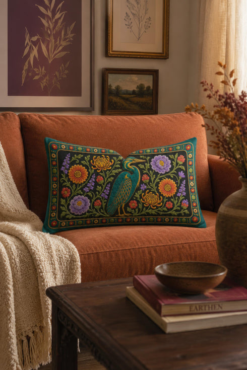 Heron lumbar pillow cover featuring a teal wading bird with gold detailing standing among orange marigolds, golden chrysanthemums, purple peonies, lavender sprigs, and coral red blooms with green foliage on a deep green black panel. A teal border with gold rope trim and a folk style band of red rosettes frames the design. Rectangular 20 x 12 inch cushion case with hidden zipper, the same tapestry look design printed on both sides in smooth, linen feel polyester fabric.