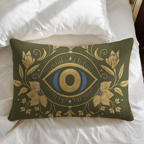 A rectangular lumbar pillow cover in a deep olive green, featuring a prominent All-Seeing Eye design at its center. The eye is rendered in rich gold and royal blue tones, detailed to emulate the intricate texture of fine embroidery. Golden Art Nouveau-style botanical flourishes with leaves and flowers frame the central eye, extending across the linen-feel polyester fabric. This gothic and dark academia style accent cushion is designed for mystical home decor, serving as a protective talisman.