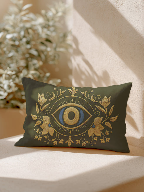 A rectangular lumbar pillow cover in a deep olive green, featuring a prominent All-Seeing Eye design at its center. The eye is rendered in rich gold and royal blue tones, detailed to emulate the intricate texture of fine embroidery. Golden Art Nouveau-style botanical flourishes with leaves and flowers frame the central eye, extending across the linen-feel polyester fabric. This gothic and dark academia style accent cushion is designed for mystical home decor, serving as a protective talisman.