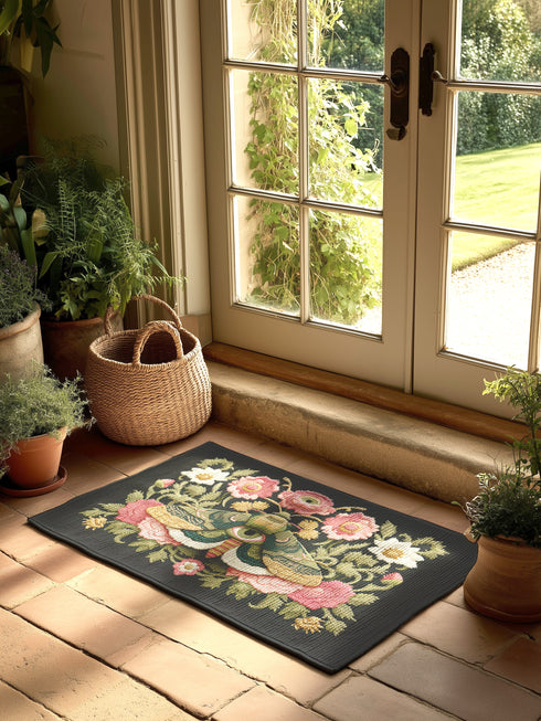 Dark charcoal doormat featuring an ornate death moth with spread wings at center, surrounded by intricate botanical border of pink roses, white daisies, and golden wheat stalks in symmetrical folk art design on textured woven chenille surface. The moth displays detailed wing patterns with eye-like markings and striped body, positioned as central focal point within lush floral frame that includes delicate leaves in sage green and teal tones.