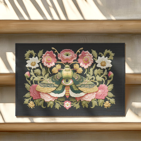 Dark charcoal doormat featuring an ornate death moth with spread wings at center, surrounded by intricate botanical border of pink roses, white daisies, and golden wheat stalks in symmetrical folk art design on textured woven chenille surface. The moth displays detailed wing patterns with eye-like markings and striped body, positioned as central focal point within lush floral frame that includes delicate leaves in sage green and teal tones.