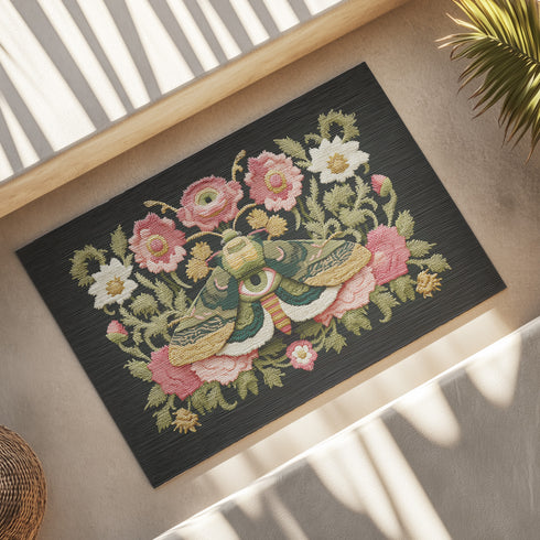 Dark charcoal doormat featuring an ornate death moth with spread wings at center, surrounded by intricate botanical border of pink roses, white daisies, and golden wheat stalks in symmetrical folk art design on textured woven chenille surface. The moth displays detailed wing patterns with eye-like markings and striped body, positioned as central focal point within lush floral frame that includes delicate leaves in sage green and teal tones.