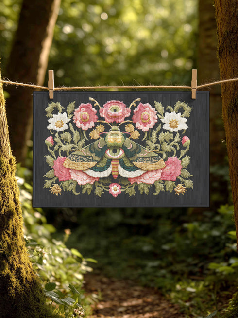 Dark charcoal doormat featuring an ornate death moth with spread wings at center, surrounded by intricate botanical border of pink roses, white daisies, and golden wheat stalks in symmetrical folk art design on textured woven chenille surface. The moth displays detailed wing patterns with eye-like markings and striped body, positioned as central focal point within lush floral frame that includes delicate leaves in sage green and teal tones.