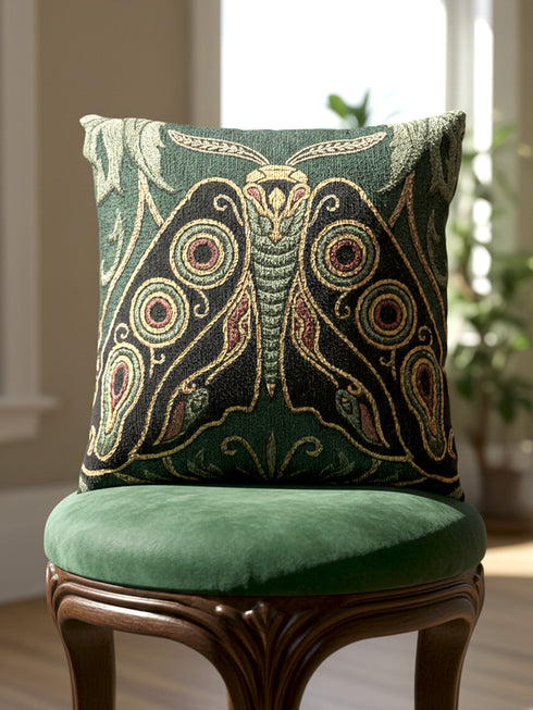 A Grimoire and Goblet heirloom woven pillow featuring a large, symmetrical Art Nouveau Emperor Moth design. The moth is woven in textured threads of midnight black, burnished gold, and rust terracotta against a deep sage forest green background. Four prominent eye-spot patterns adorn the wings, framed by stylized botanical acanthus leaves in the upper corners. Double-sided tapestry fabric with a rich, tactile surface. No printed ink; purely woven structure.