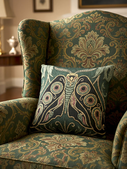 A Grimoire and Goblet heirloom woven pillow featuring a large, symmetrical Art Nouveau Emperor Moth design. The moth is woven in textured threads of midnight black, burnished gold, and rust terracotta against a deep sage forest green background. Four prominent eye-spot patterns adorn the wings, framed by stylized botanical acanthus leaves in the upper corners. Double-sided tapestry fabric with a rich, tactile surface. No printed ink; purely woven structure.