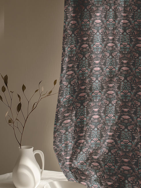 Sheer curtain panel featuring repeating teal hamsa hands with blush pink floral elements on dark gray background. Linen-textured polyester fabric allows filtered light while providing elegant window covering with protective symbolism for bohemian or vintage decor.