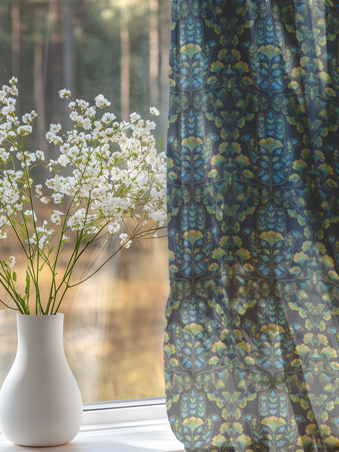 Sheer curtain panel featuring repeating pattern of golden yellow ginkgo leaves with teal hamsa-shaped botanicals on dark background. Linen-textured polyester fabric filters light while providing elegant window covering with protective botanical symbolism.