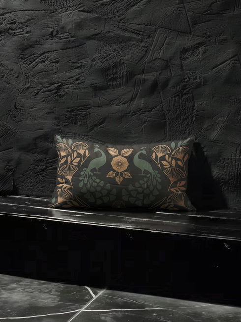 Black pillowcase cover with an Art Deco-style peacock and floral motif in green and muted gold, featuring a symmetrical, vintage design.