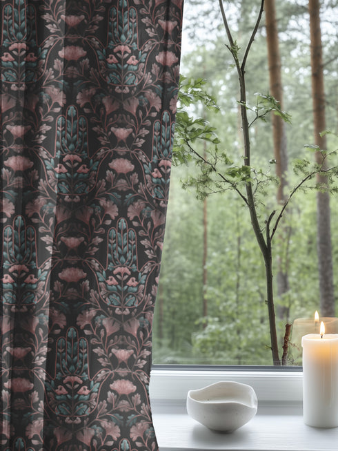 Sheer curtain panel featuring repeating teal hamsa hands with blush pink floral elements on dark gray background. Linen-textured polyester fabric allows filtered light while providing elegant window covering with protective symbolism for bohemian or vintage decor.