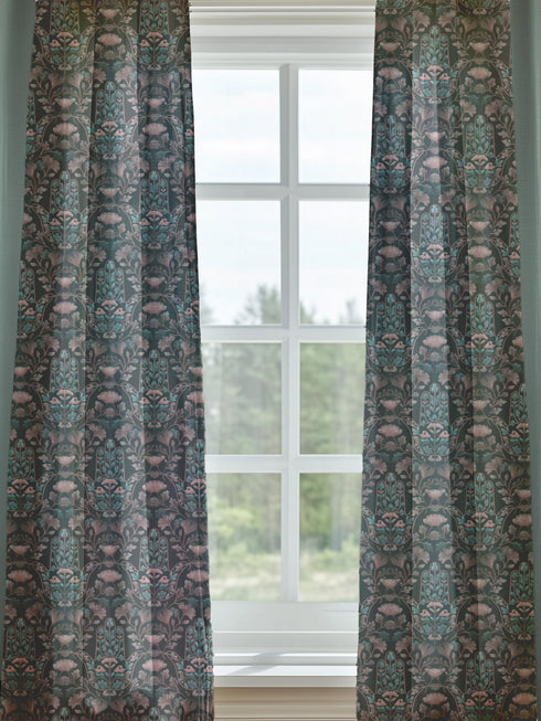 Sheer curtain panel featuring repeating teal hamsa hands with blush pink floral elements on dark gray background. Linen-textured polyester fabric allows filtered light while providing elegant window covering with protective symbolism for bohemian or vintage decor.