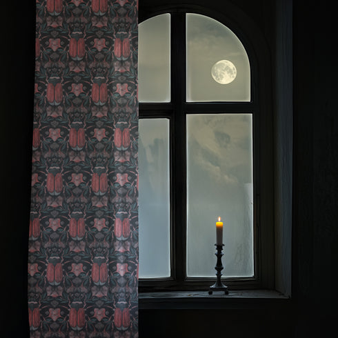 Sheer curtain panel featuring symmetrical pattern of coral-colored scarab beetles with detailed wings, surrounded by pale botanical elements on a dark green/black background. The translucent fabric filters light while displaying entomological motifs in vintage Victorian style.