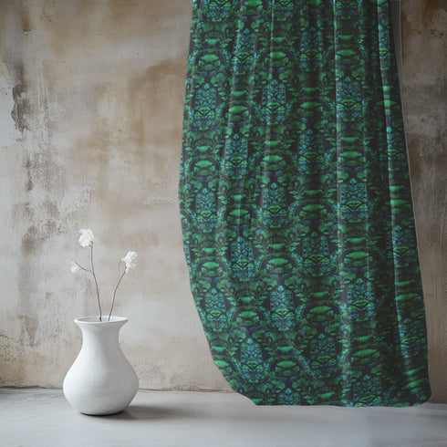 Sheer curtain panel featuring repeating emerald green hamsa hands with blue botanical elements on dark background. Linen-textured polyester fabric filters light beautifully while providing elegant window covering with protective symbolism for bohemian or Victorian interiors.
