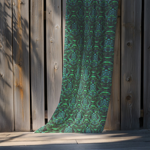 Sheer curtain panel featuring repeating emerald green hamsa hands with blue botanical elements on dark background. Linen-textured polyester fabric filters light beautifully while providing elegant window covering with protective symbolism for bohemian or Victorian interiors.