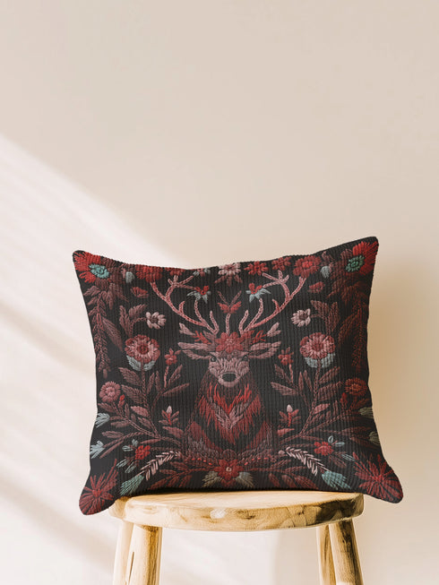 Woven throw pillow featuring an embroidered stag with antlers entwined in red and teal florals, set against a black background.
