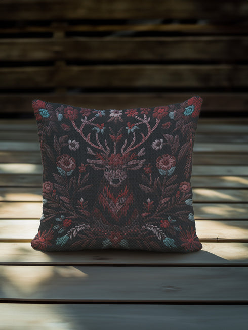 Woven throw pillow featuring an embroidered stag with antlers entwined in red and teal florals, set against a black background.