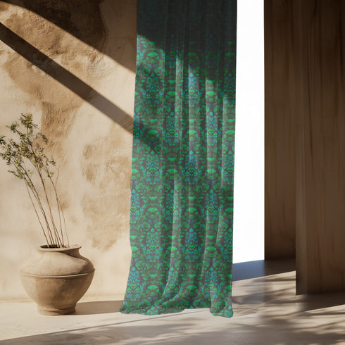 Sheer curtain panel featuring repeating emerald green hamsa hands with blue botanical elements on dark background. Linen-textured polyester fabric filters light beautifully while providing elegant window covering with protective symbolism for bohemian or Victorian interiors.
