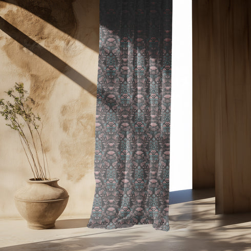 Sheer curtain panel featuring repeating teal hamsa hands with blush pink floral elements on dark gray background. Linen-textured polyester fabric allows filtered light while providing elegant window covering with protective symbolism for bohemian or vintage decor.