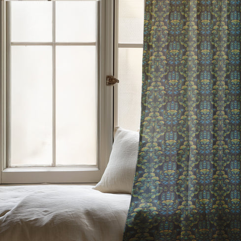 Sheer curtain panel featuring repeating pattern of golden yellow ginkgo leaves with teal hamsa-shaped botanicals on dark background. Linen-textured polyester fabric filters light while providing elegant window covering with protective botanical symbolism.