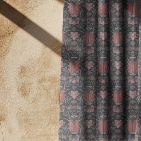 Sheer curtain panel featuring symmetrical pattern of coral-colored scarab beetles with detailed wings, surrounded by pale botanical elements on a dark green/black background. The translucent fabric filters light while displaying entomological motifs in vintage Victorian style.