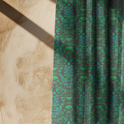 Sheer curtain panel featuring repeating emerald green hamsa hands with blue botanical elements on dark background. Linen-textured polyester fabric filters light beautifully while providing elegant window covering with protective symbolism for bohemian or Victorian interiors.