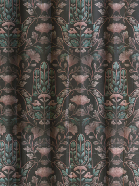 Sheer curtain panel featuring repeating teal hamsa hands with blush pink floral elements on dark gray background. Linen-textured polyester fabric allows filtered light while providing elegant window covering with protective symbolism for bohemian or vintage decor.