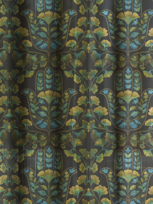 Sheer curtain panel featuring repeating pattern of golden yellow ginkgo leaves with teal hamsa-shaped botanicals on dark background. Linen-textured polyester fabric filters light while providing elegant window covering with protective botanical symbolism.