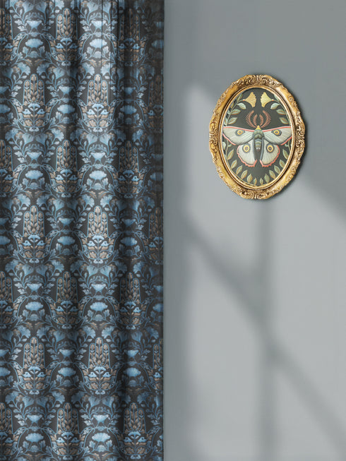 Sheer curtain panel featuring repeating gold hamsa hands surrounded by blue botanical flowers and leaves on dark navy background. Linen-textured polyester fabric filters light while providing elegant window covering with protective symbolism for bohemian or Victorian interiors.