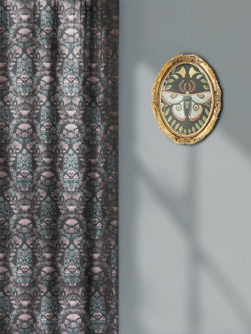 Sheer curtain panel featuring repeating teal hamsa hands with blush pink floral elements on dark gray background. Linen-textured polyester fabric allows filtered light while providing elegant window covering with protective symbolism for bohemian or vintage decor.