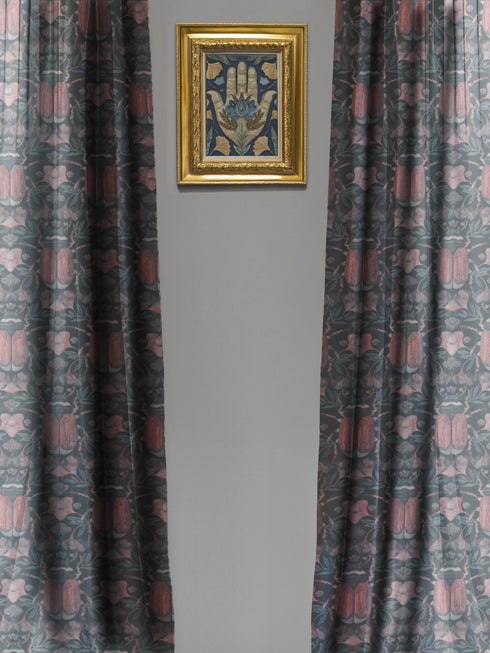 Sheer curtain panel featuring symmetrical pattern of coral-colored scarab beetles with detailed wings, surrounded by pale botanical elements on a dark green/black background. The translucent fabric filters light while displaying entomological motifs in vintage Victorian style.